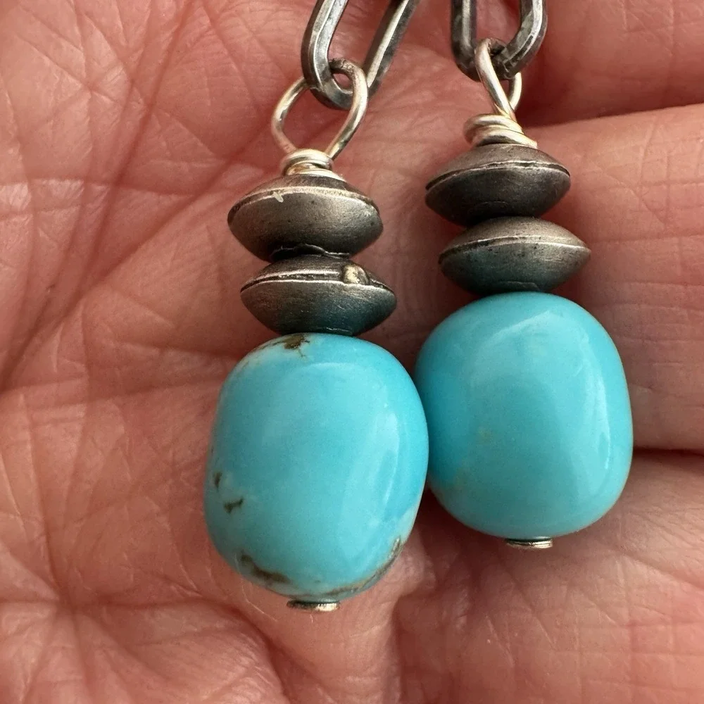 Long Navajo Turquoise Earrings 3.25in Sterling 925 Dangle Navajo Matte Chain - Picture 9 of 9